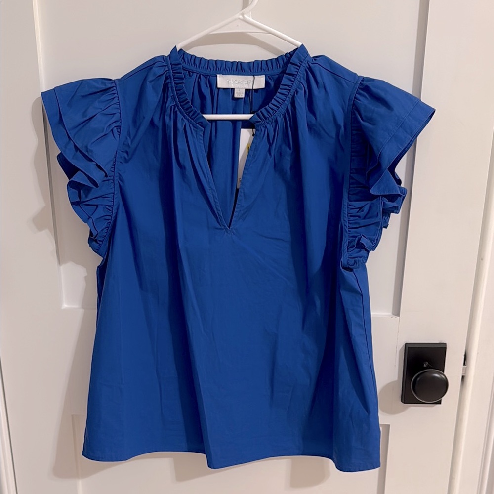 Sugarlips Risette Ruffle Cap Sleeve Split Neck Top